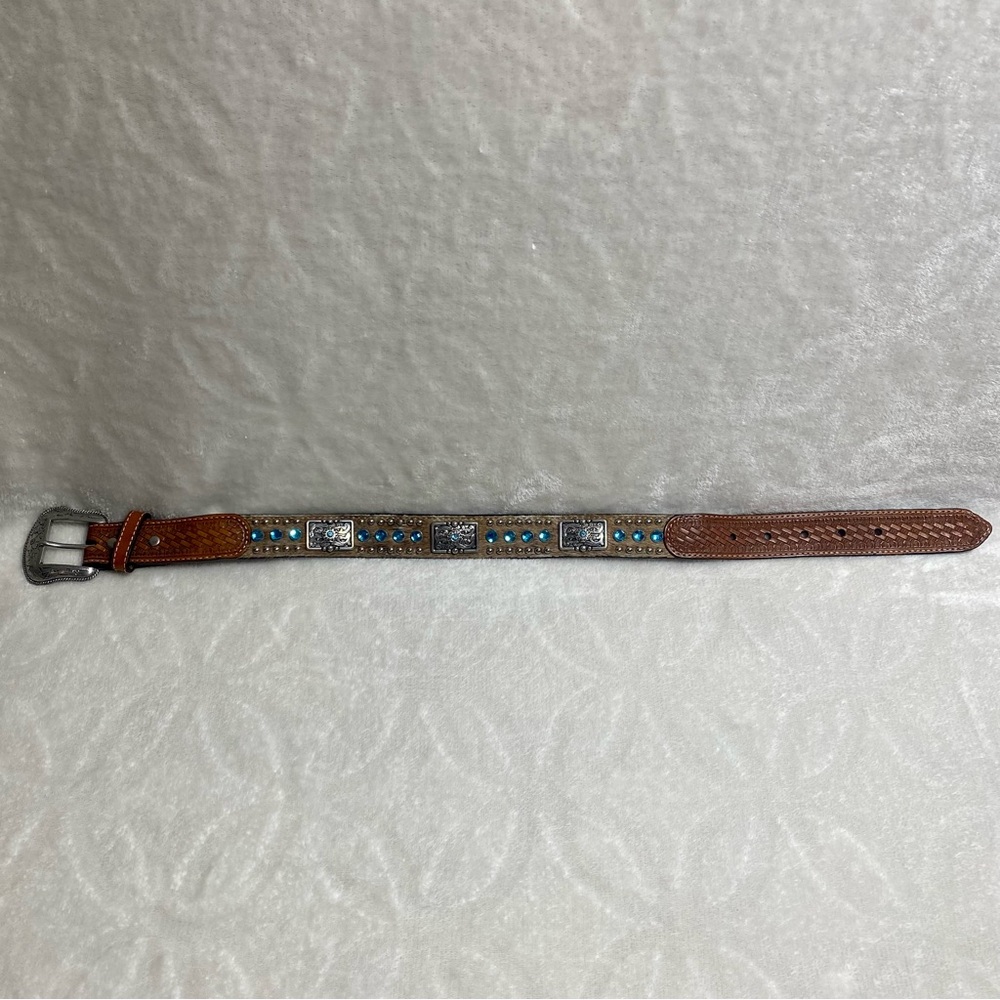 NOCONA Kids Leather Calf-hair Belt Blue Rhinestones Brown Western Cowboy - Picture 3 of 11